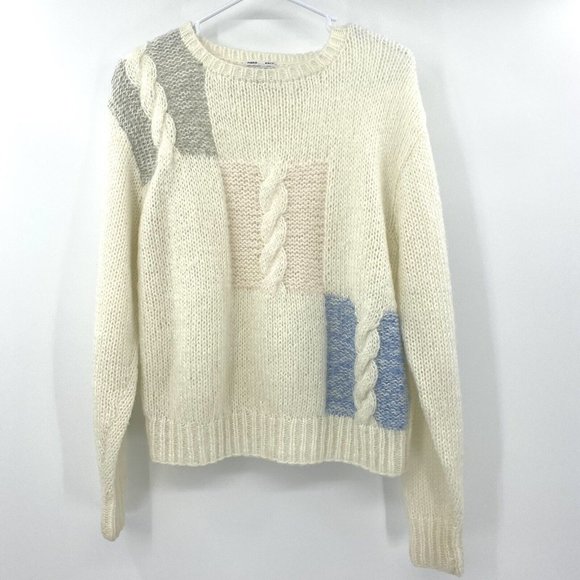 Vintage Sweaters - Vintage Windcrest Hand Knit Ivory Colorblock Pastel Sweater Size Large